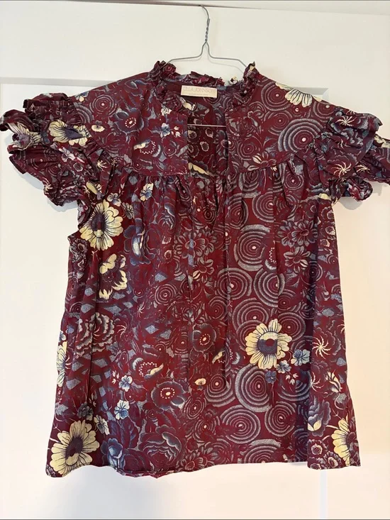 Ulla Maroon Floral Ruffle-Trim Women’s Blouse