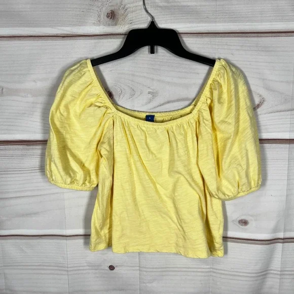 Old Navy Puff Sleeve‎ Top Womens Small Yellow Solid Cotton Slub Knit Square Neck