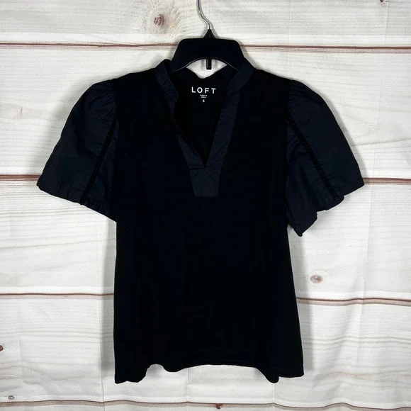 LOFT Mixed Media Puff Sleeve Top Womens Small‎ Black Solid V-Neck Cotton Preppy