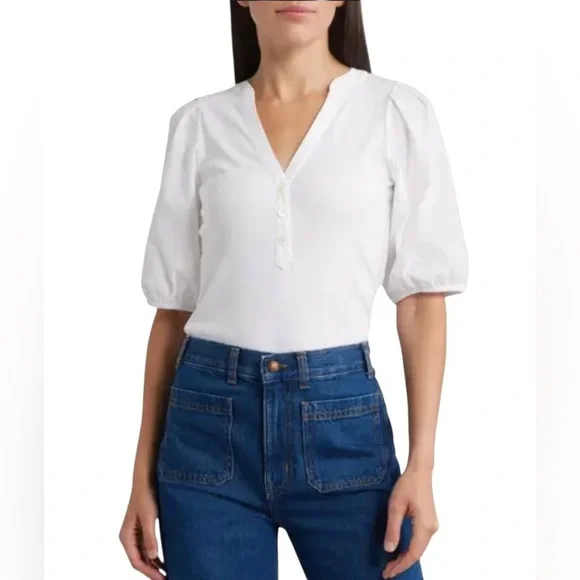 MADEWELL V-Neck Puff Sleeved Mixy Top Blouse NWT XXS Classic White