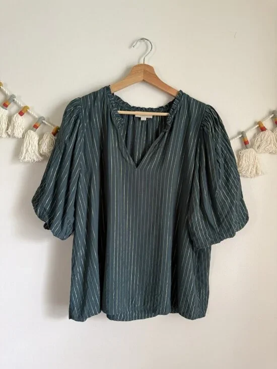 Loft Green Metallic Striped Puff Sleeve V-neck Relax Top Feminine Boho Beachy XL