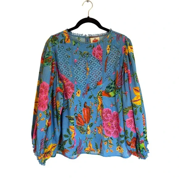 Farm Rio Blue Toucans Garden Tropical Floral Crochet Lace Puff Sleeve Blouse S