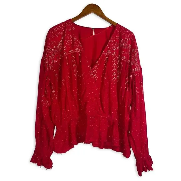 Free People Counting Stars Red Gold Foil Boho Peasant Blouse Top Large