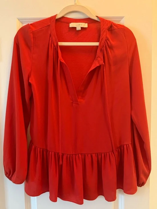 LOFT Red Peplum V-Neck Long Sleeve Tunic Blouse