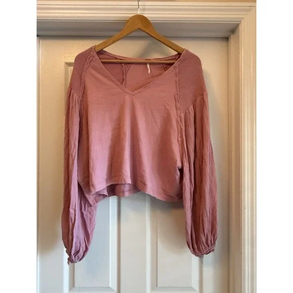 Free People Arlo Top Women Medium Pink Balloon Sleeve Boho Cropped OB1783469