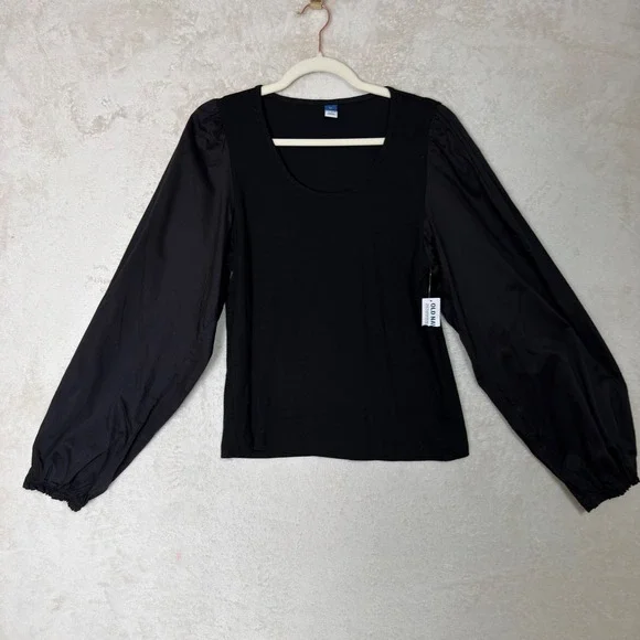 Old Navy Womens XL Black Ribbed Mixed Media Puff Sleeve Scoop Neck Top NWT