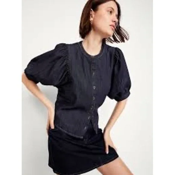 Old Navy Denim Blouse Womens XXL Tall Dark Blue Excellent Puff Sleeve Button Up