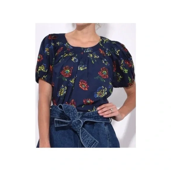 Ulla Johnson Celine Puff Sleeve Floral Blouse Midnight Navy Smocked Top 0