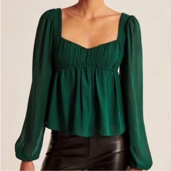 Abercrombie & Fitch Emerald Green Babydoll Blouse Sheer Puff Sleeves Medium