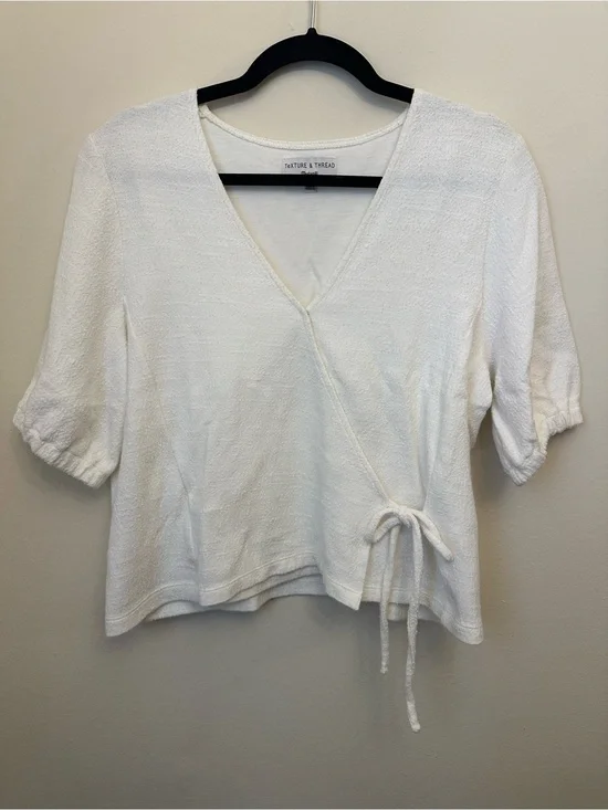 Texture & Thread by Madewell White Wrap Top Large 100% Cotton Short Sleeve Cinch