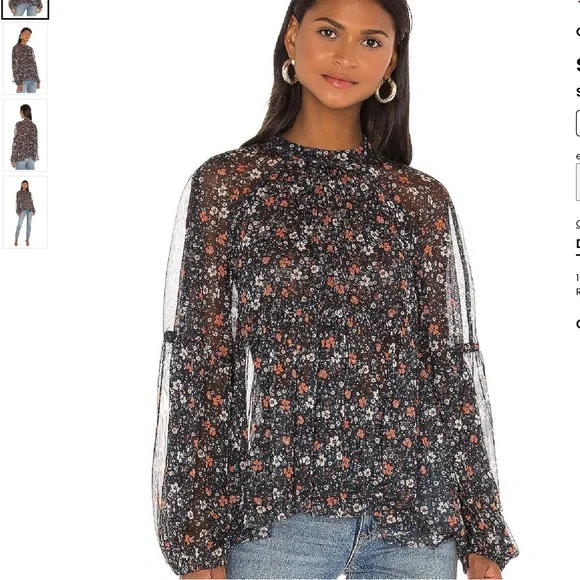 Free People Sweet Heart sheer floral cottage core long puff sleeves Size Large