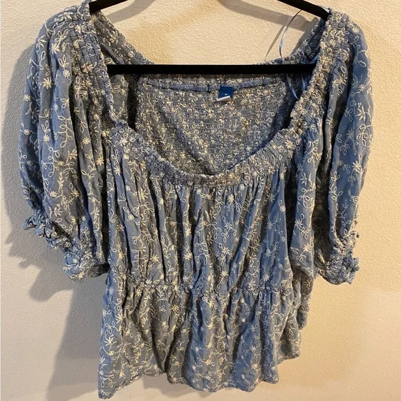 Old Navy Women's Chambray Floral Embroidered Puff Sleeve Babydoll‎ Top Size 2xl