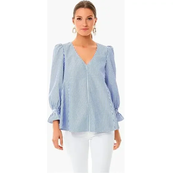 Tuckernuck Easton Stripe Long Sleeve V-Neck Blouse Blue White Women's Size M