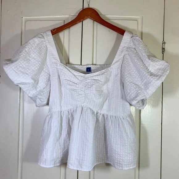 Old Navy Women XL White Seersucker Puff Sleeve Babydoll Top Square Neck Cottage