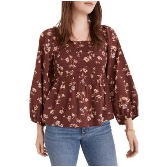 Madewell Smocked Peplum Top Burgundy Floral Cotton Long Sleeve Blouse Size 0