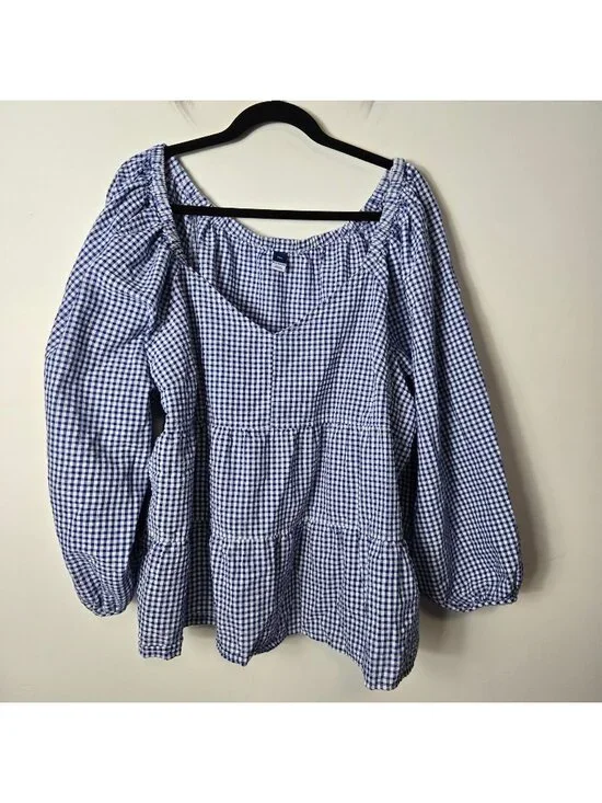 Old Navy Size XXL Tiered Blue Gingham Puff Sleeve Baby Doll Swing Top Empire Wai
