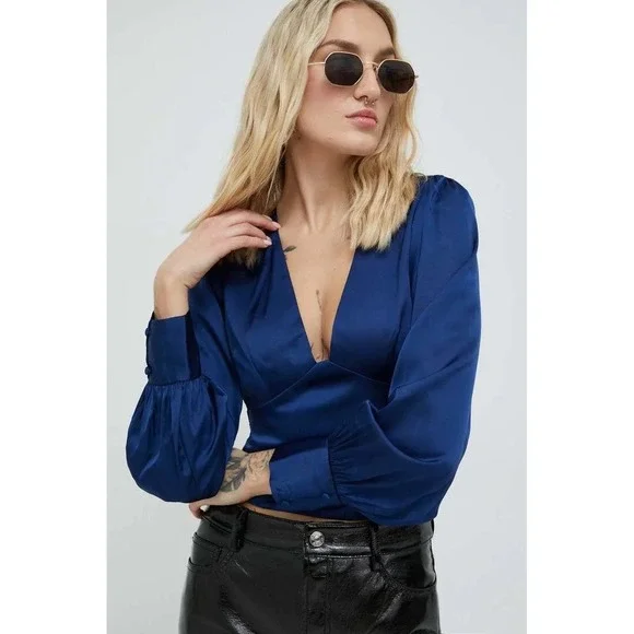 Abercrombie & Fitch Satin Puff Sleeve Top Womens Size Small Blue Party NEW
