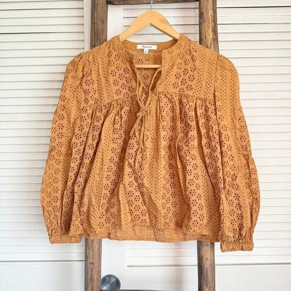 Madewell Eyelet Blouse Womens XS‎ OrangeTie Neck Long Sleeve Top