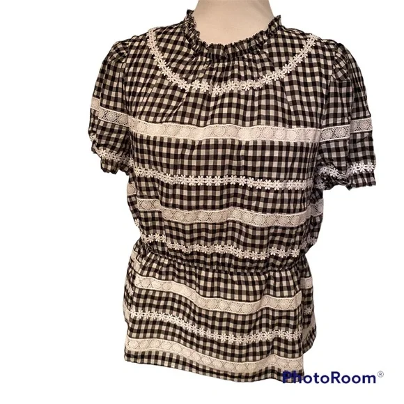 J. CREW NEW TOP BLOUSE BLACK WHITE GINGHAM CHECK LACE SHORT PUFF SLEEVE SIZE M