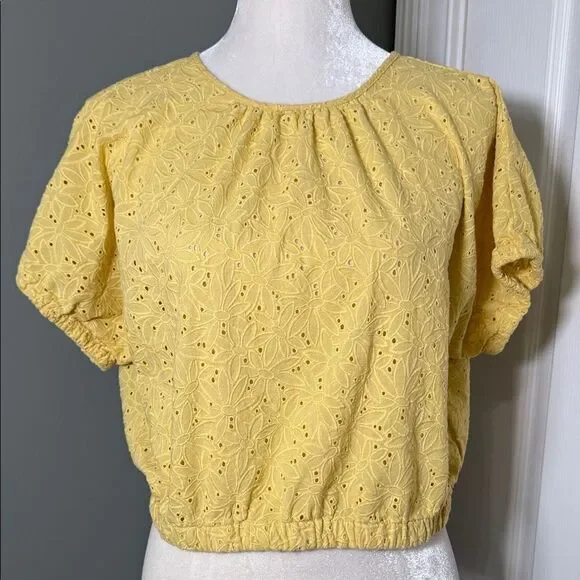 Madewell Yellow Eyelet Cropped Blouse Puff Sleeve Back Tie Small