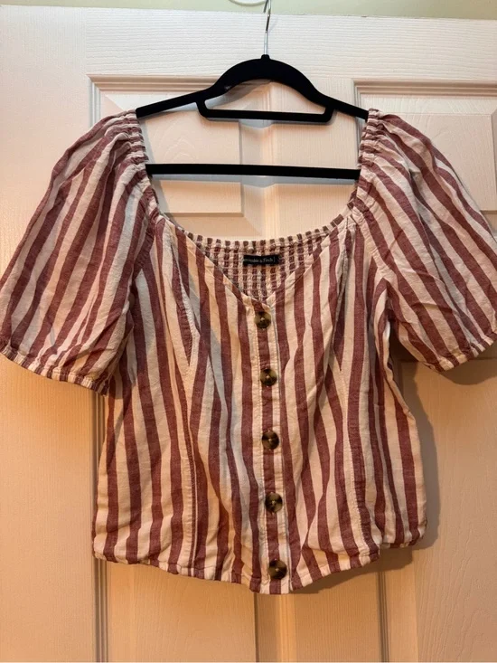 Abercrombie & Fitch Rose and White Striped Puff-Sleeve Button Blouse