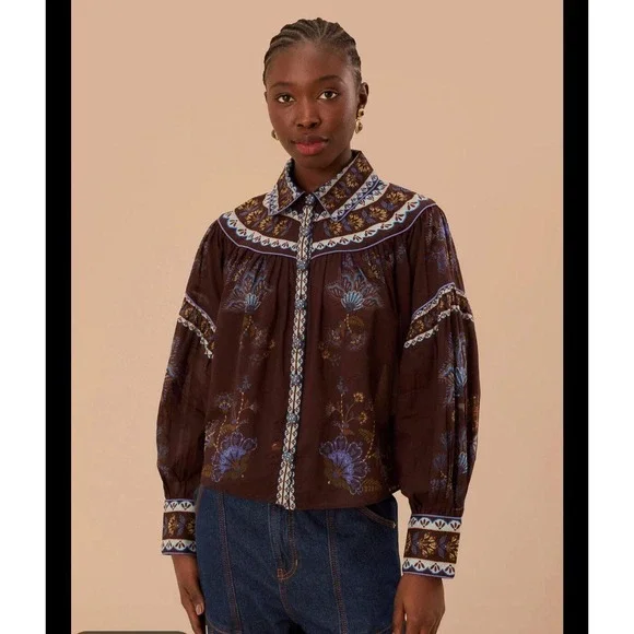 FARM Rio Brown Embroidered Garden Blouse – Size‎ XS – Brand New