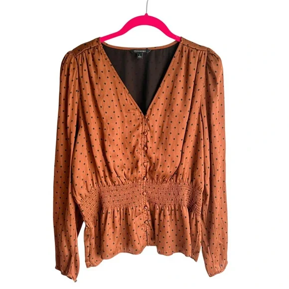 BANANA REPUBLIC Brown and Black Polka Dot Satin Puff Sleeve‎ Ladies Blouse, L
