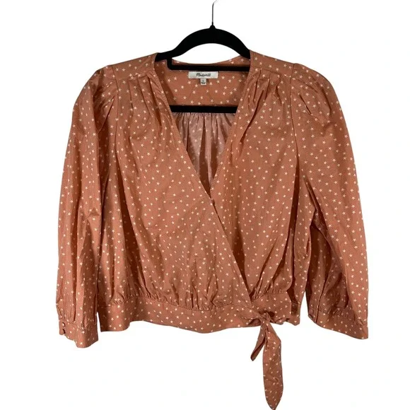 Madewell Star Print Cotton Wrap Top Terracotta Orange V-Neck Side Tie Size Large