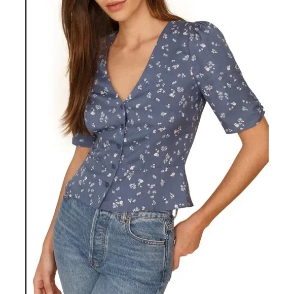 Reformation Cottagecore Feminine Floral Button Front Puff Sleeve Blouse Size 4
