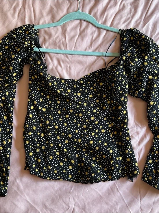 Reformation Black Puff-Sleeve Square Neck Floral Top