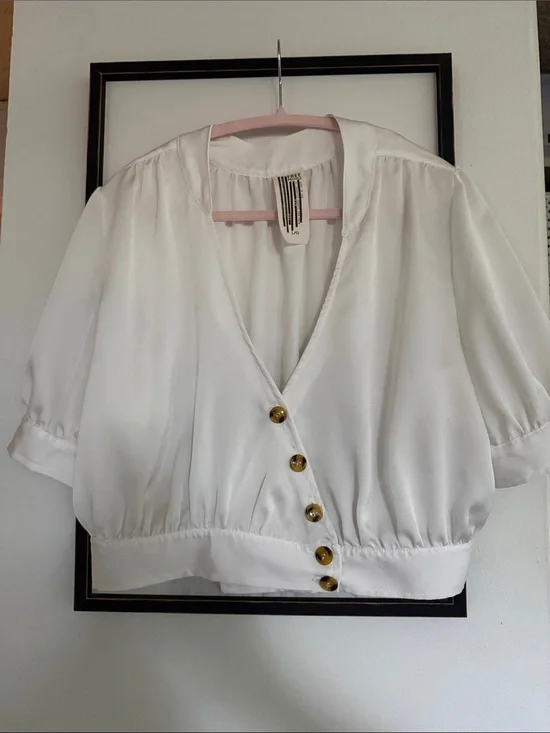 Free People White V-Neck Button-Front Blouse with Gold Buttons