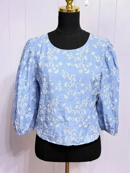 #12)  NWT LOFT Light Blue Embroidered Puff Sleeve Blouse With Side Zipper