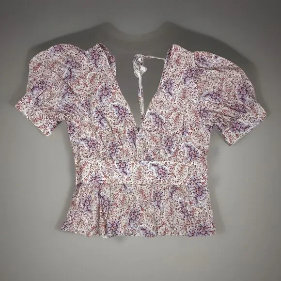 J.Crew Re‑Imagined floral puff sleeve peplum blouse V‑neck tie back XS/S