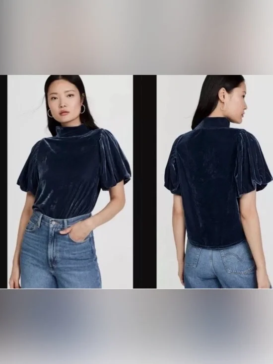 Free People Blue Claudia Velvet Mock Neck Puff Sleeve Top Size XS