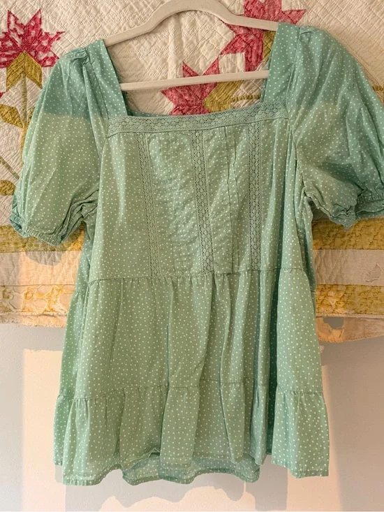 LOFT Mint Green Dot Lace-Trim Puff Sleeve Blouse