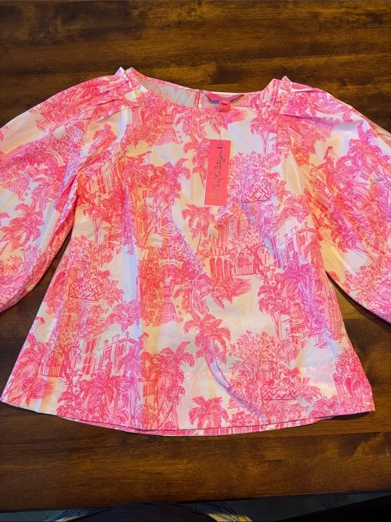 Lilly Pulitzer Barbara 3/4 Sleeve Cot White and Hot Pink