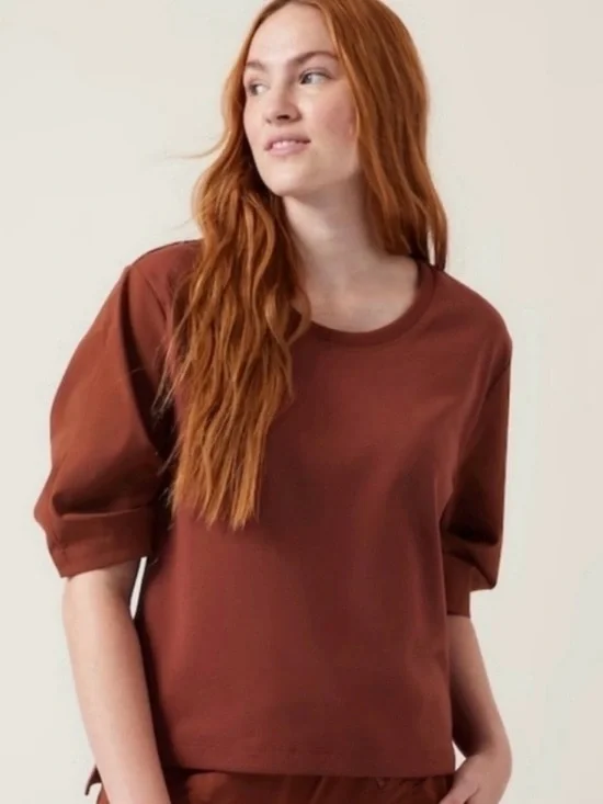 Athleta Harlow Hybrid Tee Women's XS Oversized Brown Crew Scoop Neck Puff Sleeve