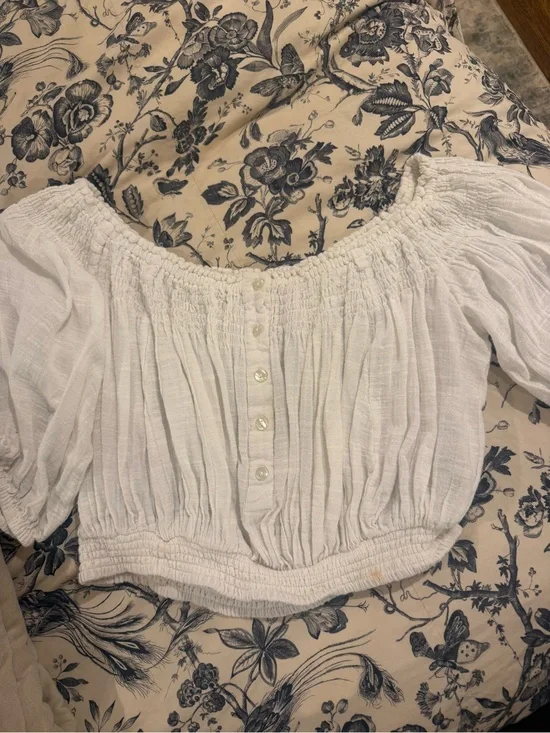 Free People White Off-Shoulder Smocked Button Crop Top