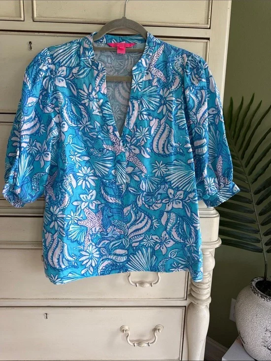 Lilly Pulitzer MiaLeigh elbow length linen top size 2