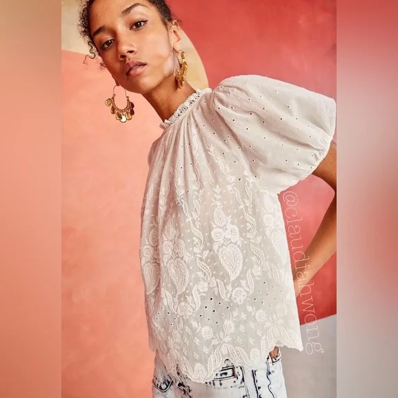 ✨RARE✨ ULLA JOHNSON Emmie Embroidered Lace Puff Sleeve Top in Blanc White