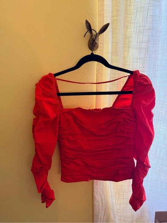 Reformation Red Ruched Puff-Sleeve Square-Neck Top