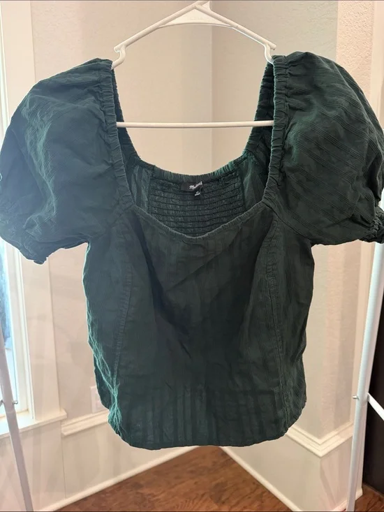 Madewell Dark Green Puff-Sleeve Square Neck Blouse