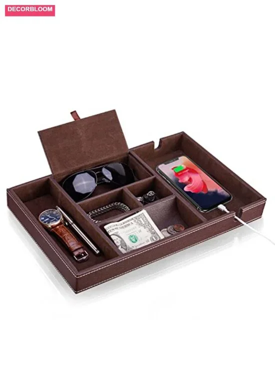 Leather Valet Tray with 6 Compartments for Men's Nightstand Organizer