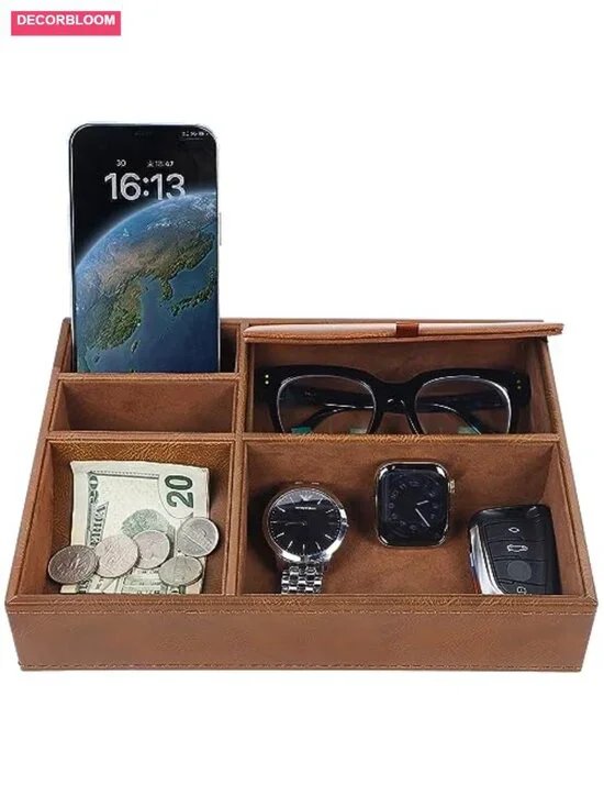 Valet Tray with 5 Compartments, Faux Leather, Tabletop Organizer for Watch Keys