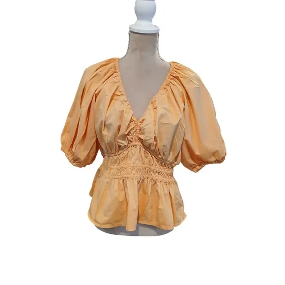 Old Navy Med Tall Orange Cotton Puff Sleeve Smocked Peplum Blouse V-Neck Top