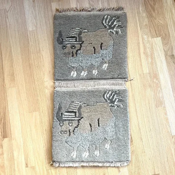 Mid Century Modern Wool Rug Wall Hanging Ox Water Buffalo with a Striped…