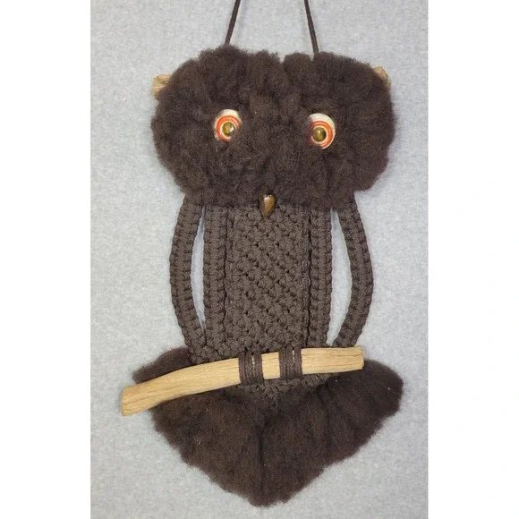 Vintage 70s Macrame Owl Wall Hanging Brown Fiber Art Wood Perch Boho Decor