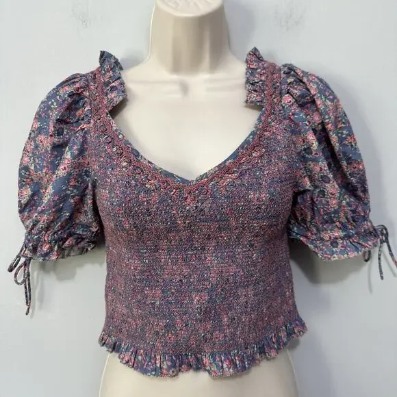 Love Shack Fancy Crop Top Womens XS Blue Floral Tilly Smocked Puff Sleeve Dainty