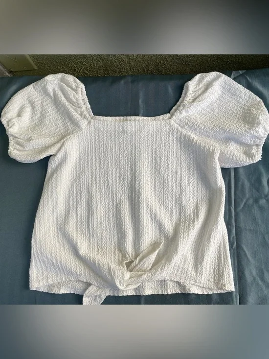 LOFT White Puff Sleeve Textured Square Neck Top XS