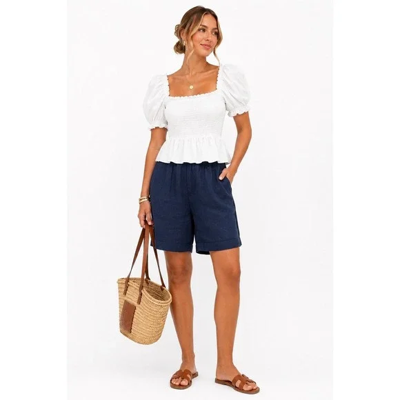hyacinth house Tuckernuck White Cotton Smocked Puff Sleeve Peplum Top Small
